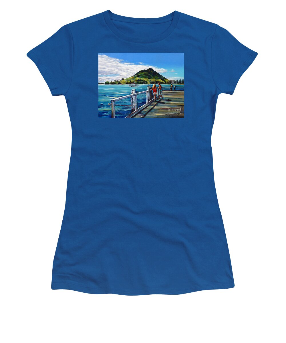 Pier Women's T-Shirt featuring the painting Mt Maunganui Pier 140114 #2 by Selena Boron