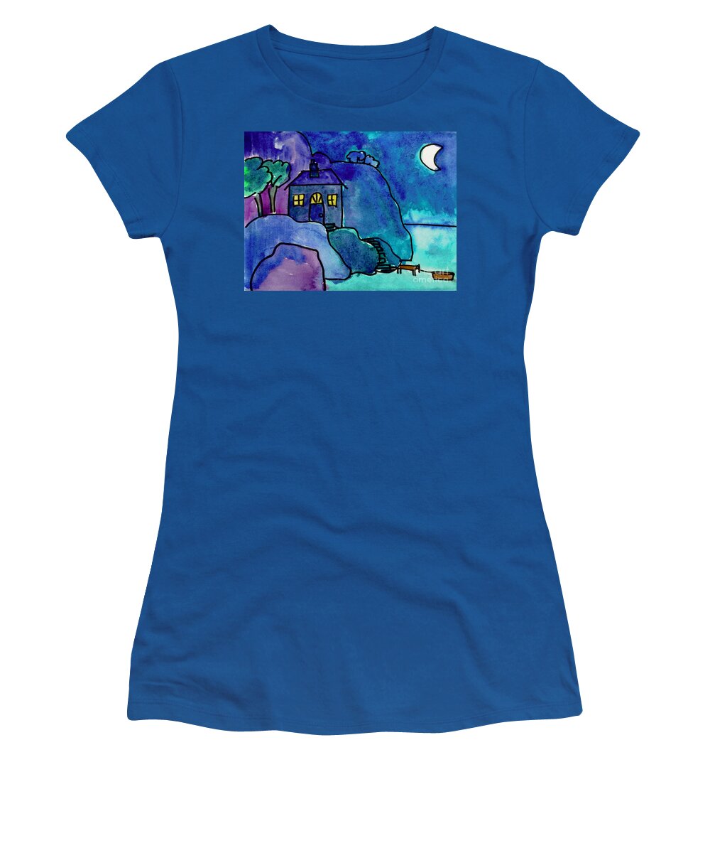 Watercolor Landscape Women's T-Shirt featuring the painting Night Harbor by Jessie Abrams Age Twelve