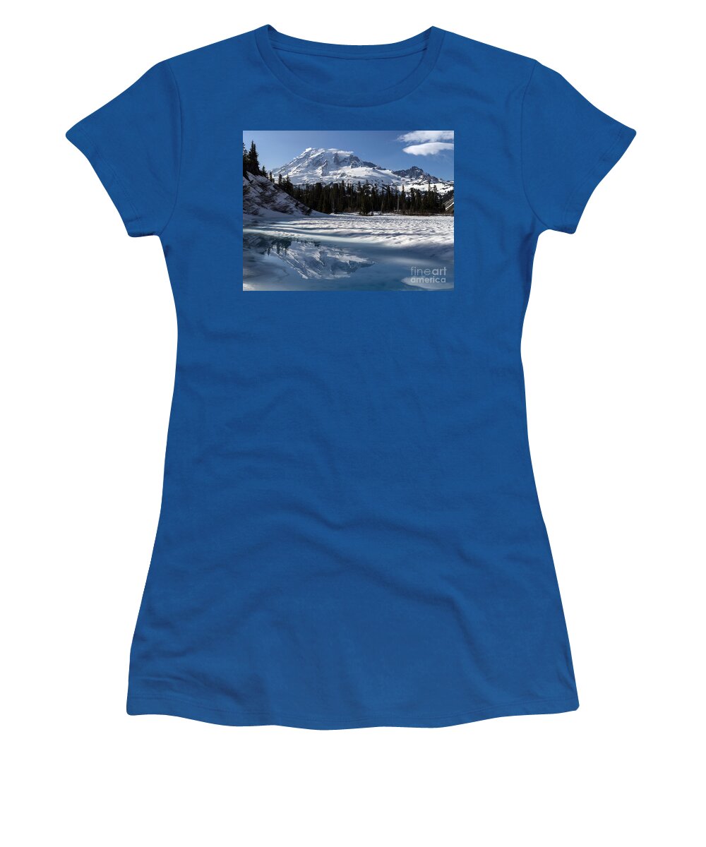 Mount Rainier Women's T-Shirt featuring the photograph Rainier Bench Lake Reflection by Mike Reid