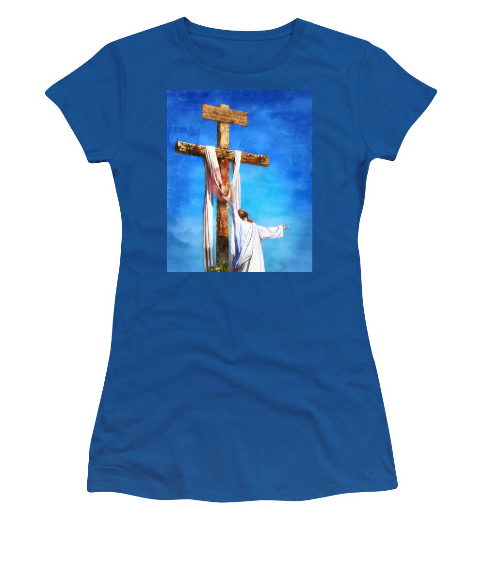 Almighty; Belief; Believe; Bible; Catholic; Christ; Christian; Christianity; Church; Cross; Crucifix; Crucifixion; Death; Divine; Easter; Faith; God; Good; Holiness; Holy; Hope; Inri; Jesus; Peace; Pray; Prayer; Protestant; Religion; Religious; Resur Women's T-Shirt featuring the digital art Risen by Frances Miller