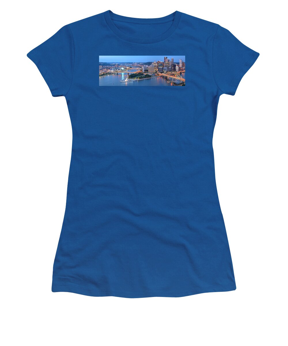 Pittsburgh Skyline Women's T-Shirt featuring the photograph Rivers Bridges And Skyscrapers In Pittsburgh by Adam Jewell