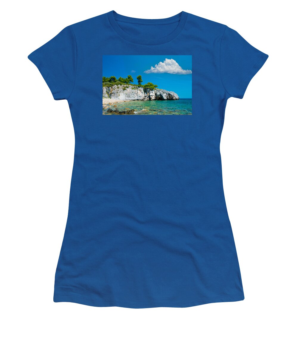 Greece Women's T-Shirt featuring the mixed media Rocky Beach by Roy Pedersen