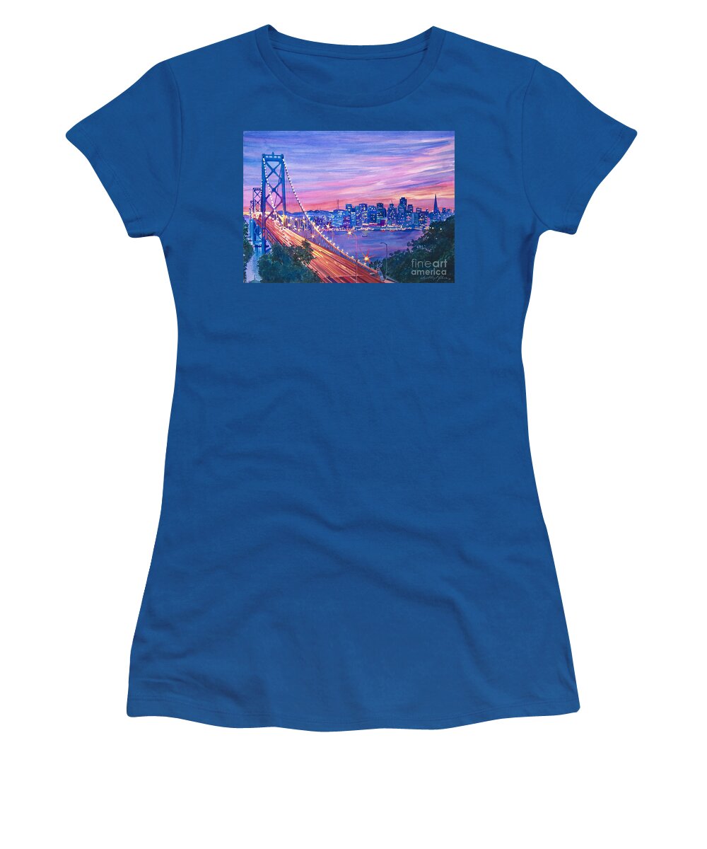 Bridges Women's T-Shirt featuring the painting San Francisco Nights by David Lloyd Glover