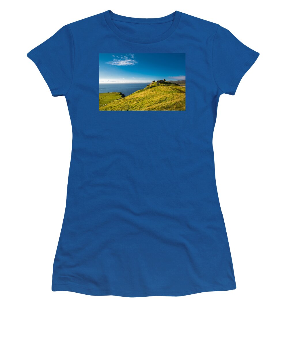 Scotland Women's T-Shirt featuring the photograph Scottish Coast With Castle Ruin by Andreas Berthold