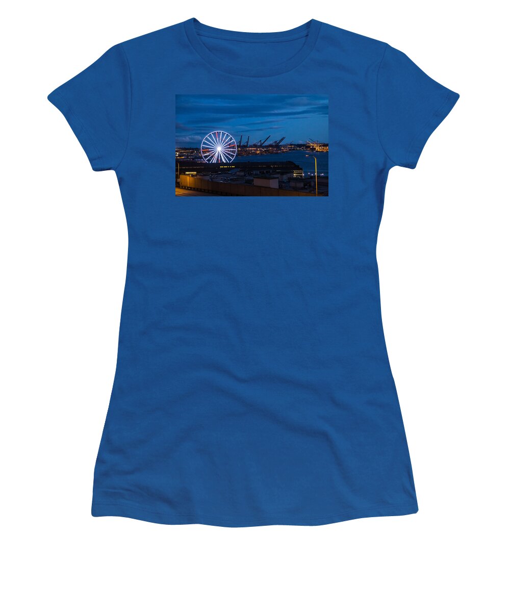 Steven Bateson Women's T-Shirt featuring the photograph Seattle Washington Harbor Lights by Steven Bateson
