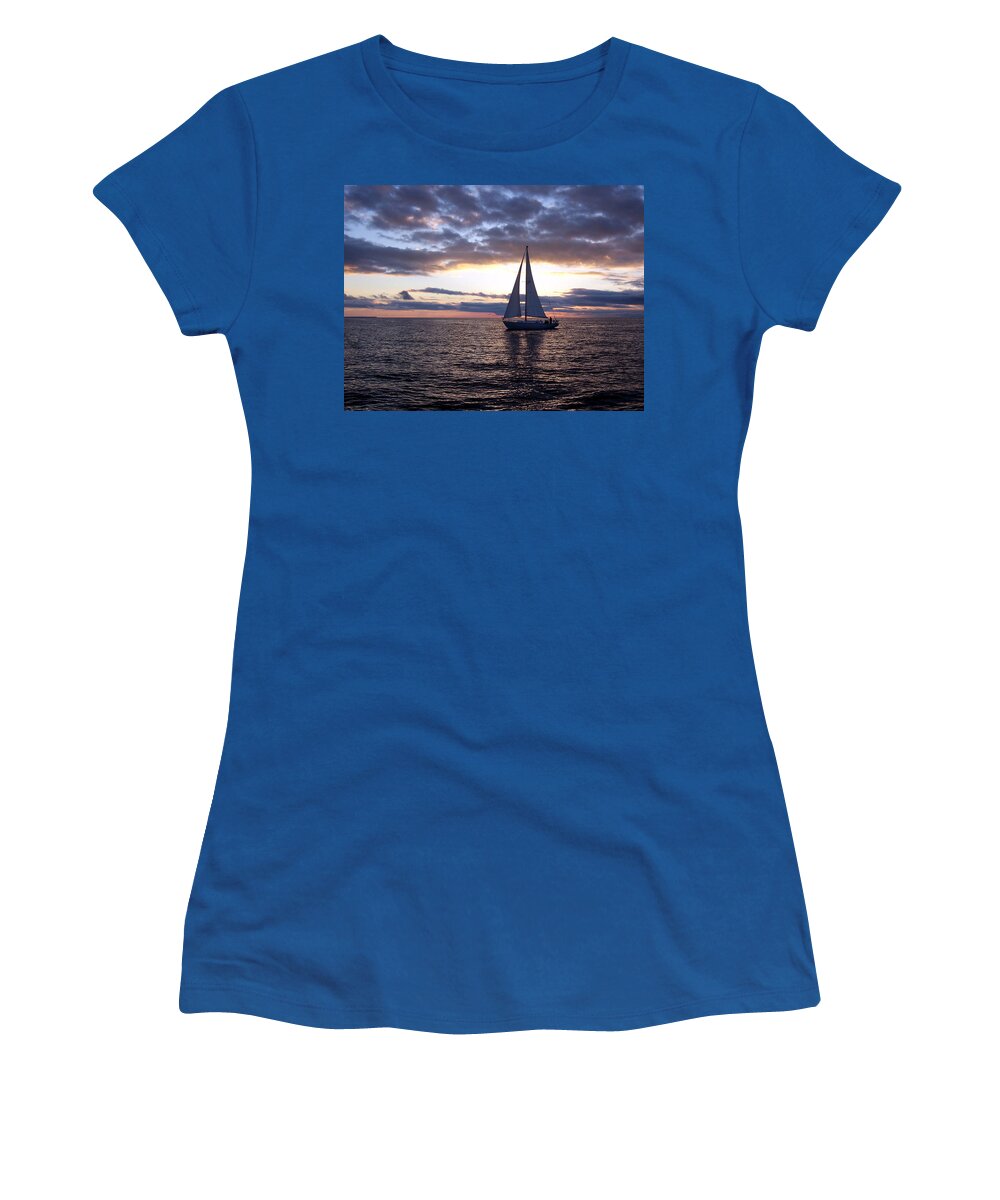 Sailboat Women's T-Shirt featuring the photograph Sister Bay Sunset Sail 1 by David T Wilkinson