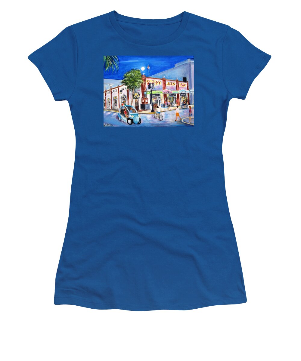 Key West Women's T-Shirt featuring the painting Sloppy's Nightlife by Linda Cabrera