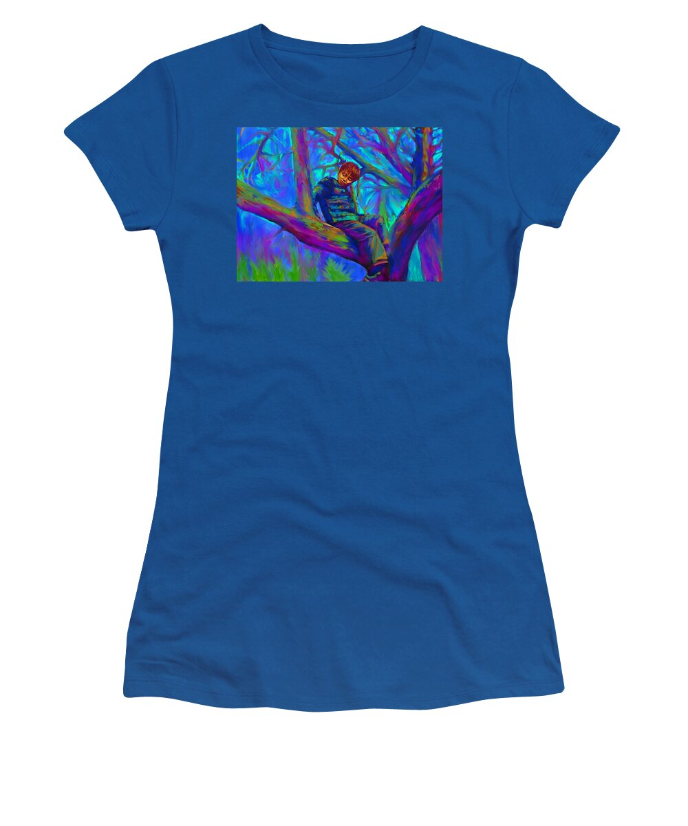 Tree Women's T-Shirt featuring the painting Small boy in large tree by Hidden Mountain