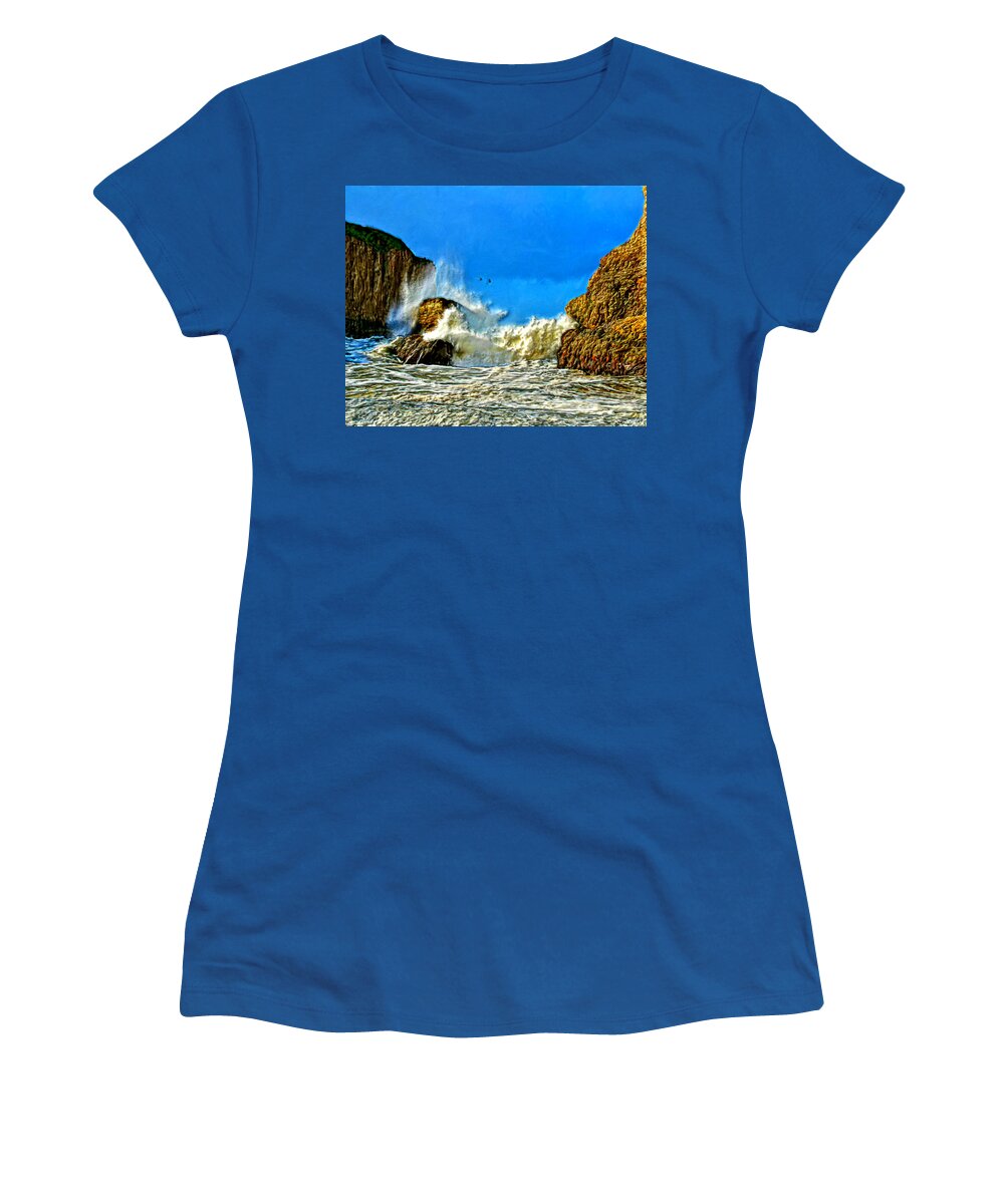 Bruce Women's T-Shirt featuring the painting Splashing on the Rocks by Bruce Nutting