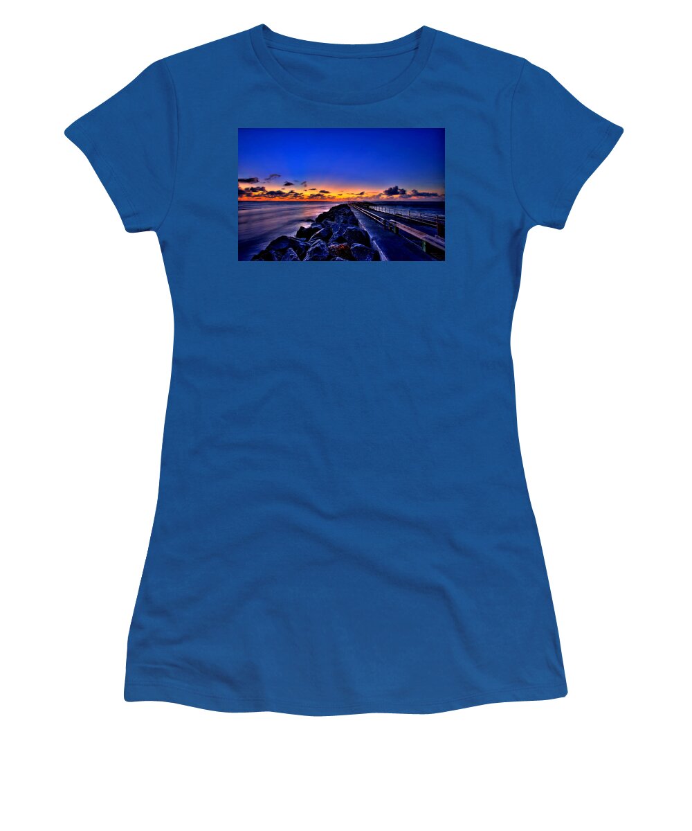 Sunset Women's T-Shirt featuring the painting Sunrise on the Pier by Bruce Nutting