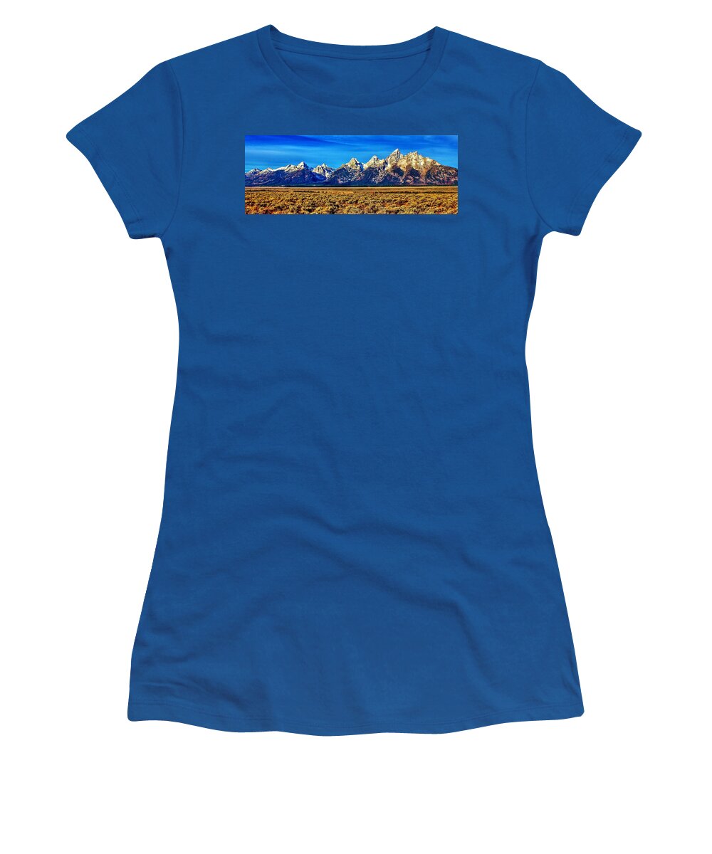 Grand Tetons Women's T-Shirt featuring the photograph Teton Panorama by Benjamin Yeager