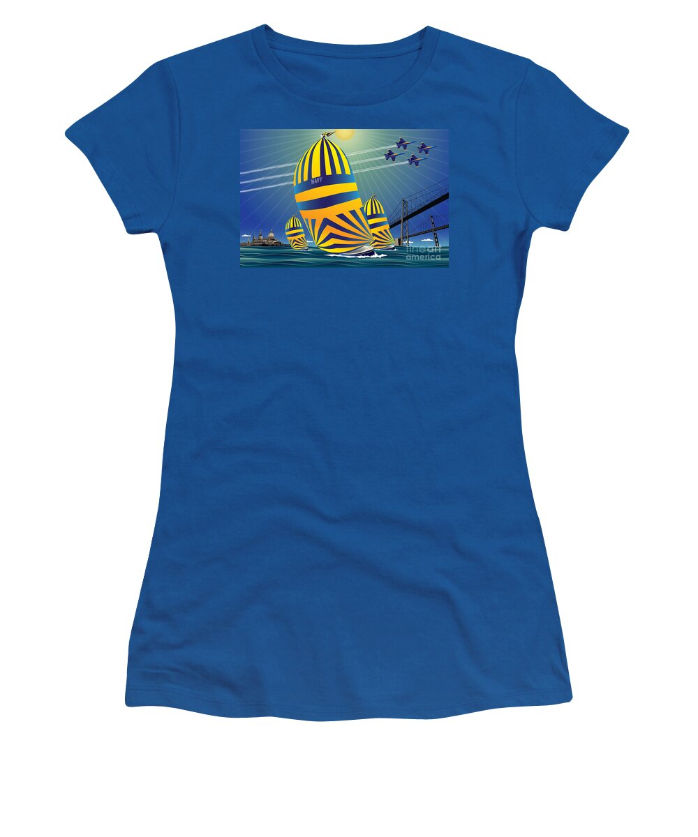 Navy 44s Women's T-Shirt featuring the digital art USNA High Noon Sail by Joe Barsin