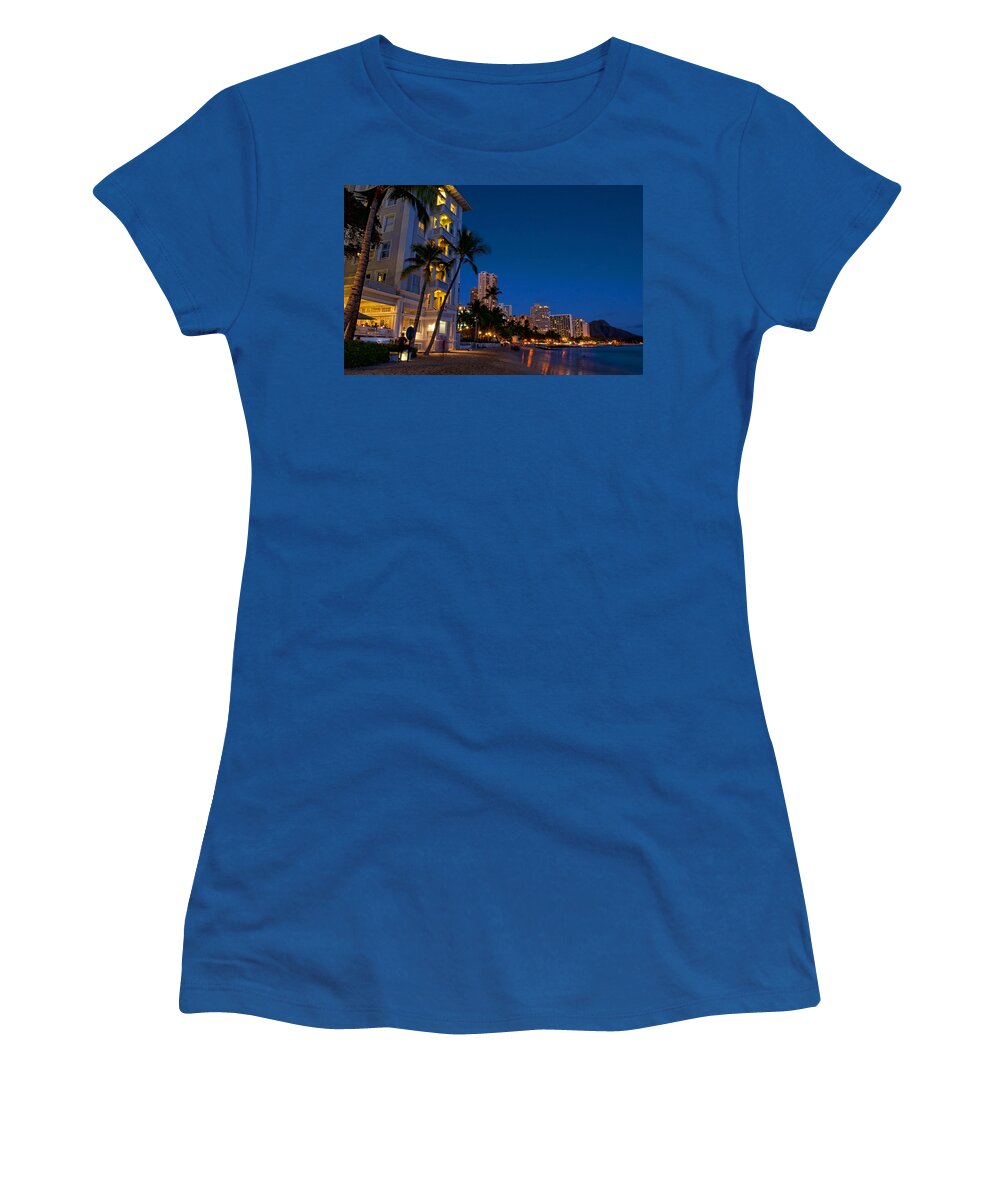 Apartment Women's T-Shirt featuring the photograph Waikiki Beach Night Lights by Bill Bachmann - Printscapes