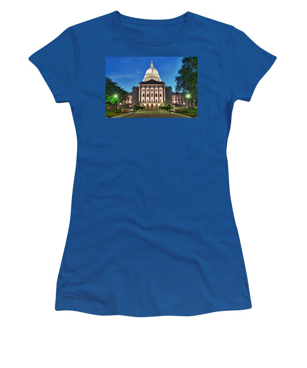 Clouds Women's T-Shirt featuring the photograph Wisconsin State Capitol Building at Night by Sebastian Musial