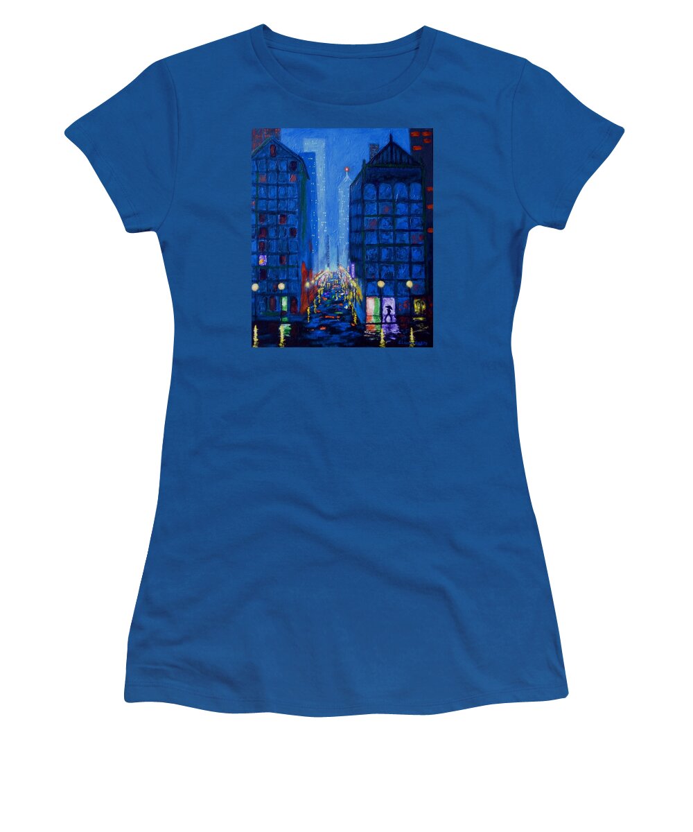 City Rain Women's T-Shirt featuring the painting Midnight Drizzle by J Loren Reedy