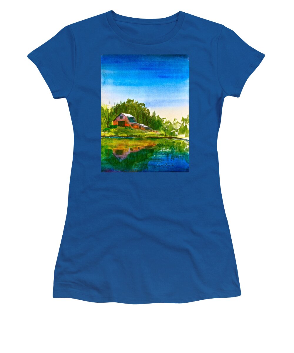 Blue Women's T-Shirt featuring the painting Blue Sky River by Frank SantAgata