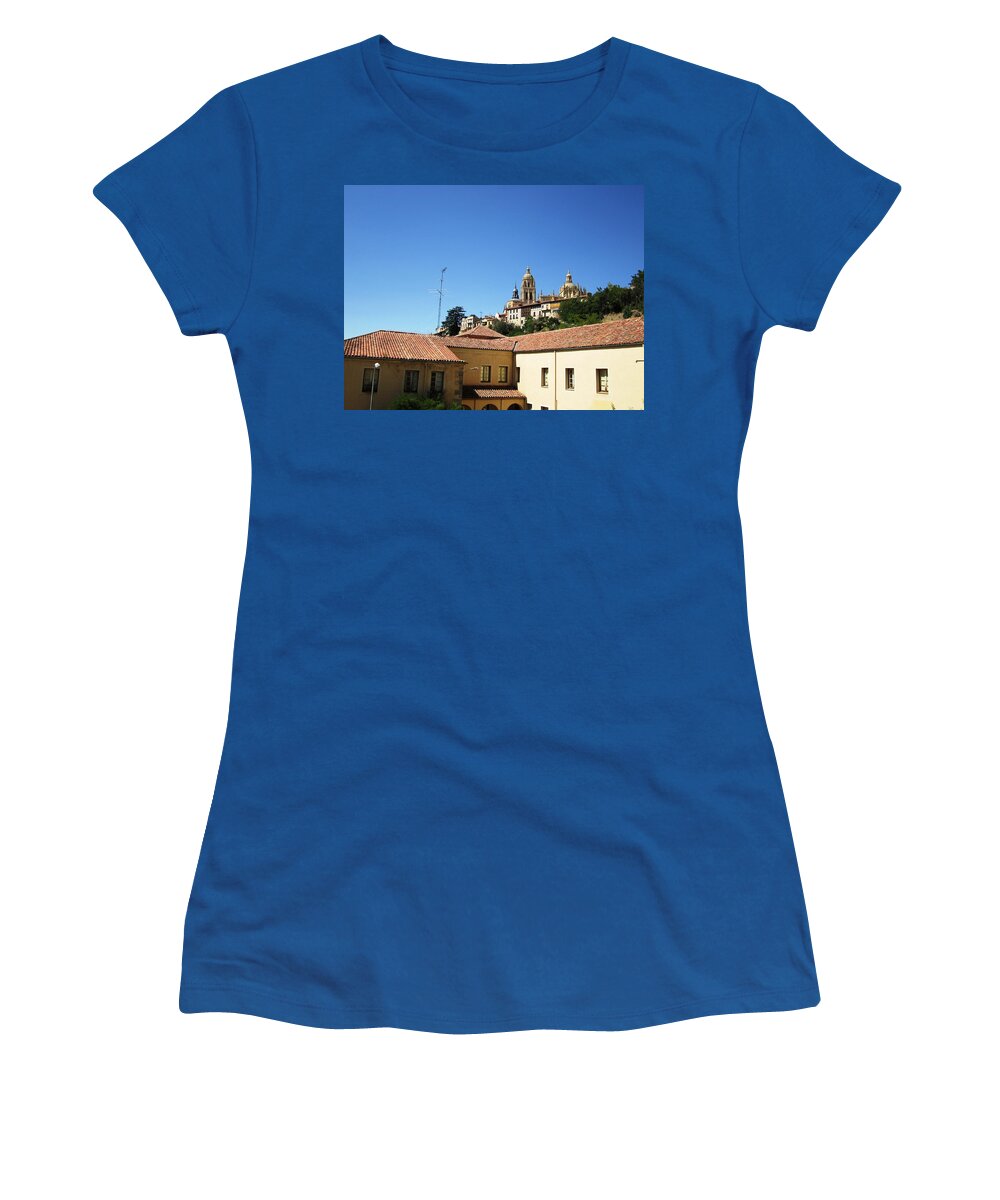 Segovia Women's T-Shirt featuring the photograph Segovia Castle Alcazar View of Homes in the Hills Below with Blue Sky in Spain by John Shiron