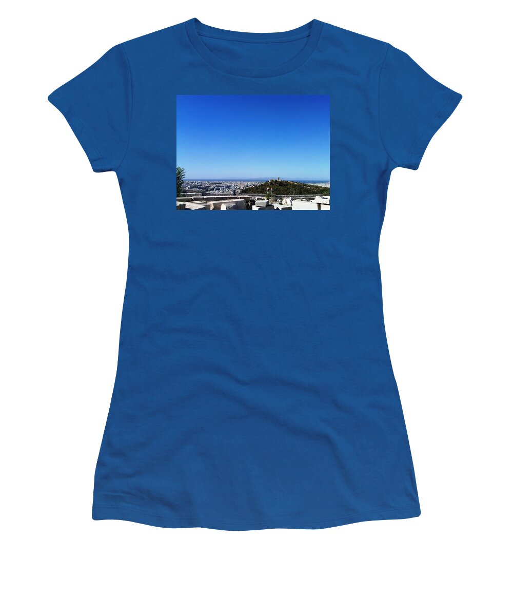 Athens Women's T-Shirt featuring the photograph Tourists Enjoying Panoramic View of Athens and the Mediterranean Sea from Acropolis Greece by John Shiron