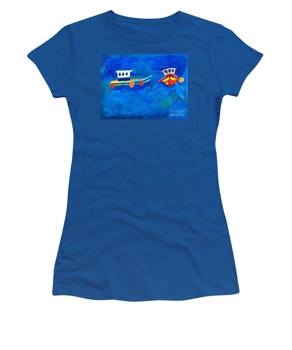 Painting Women's T-Shirt featuring the painting Two fishing boats at sea by Simon Bratt