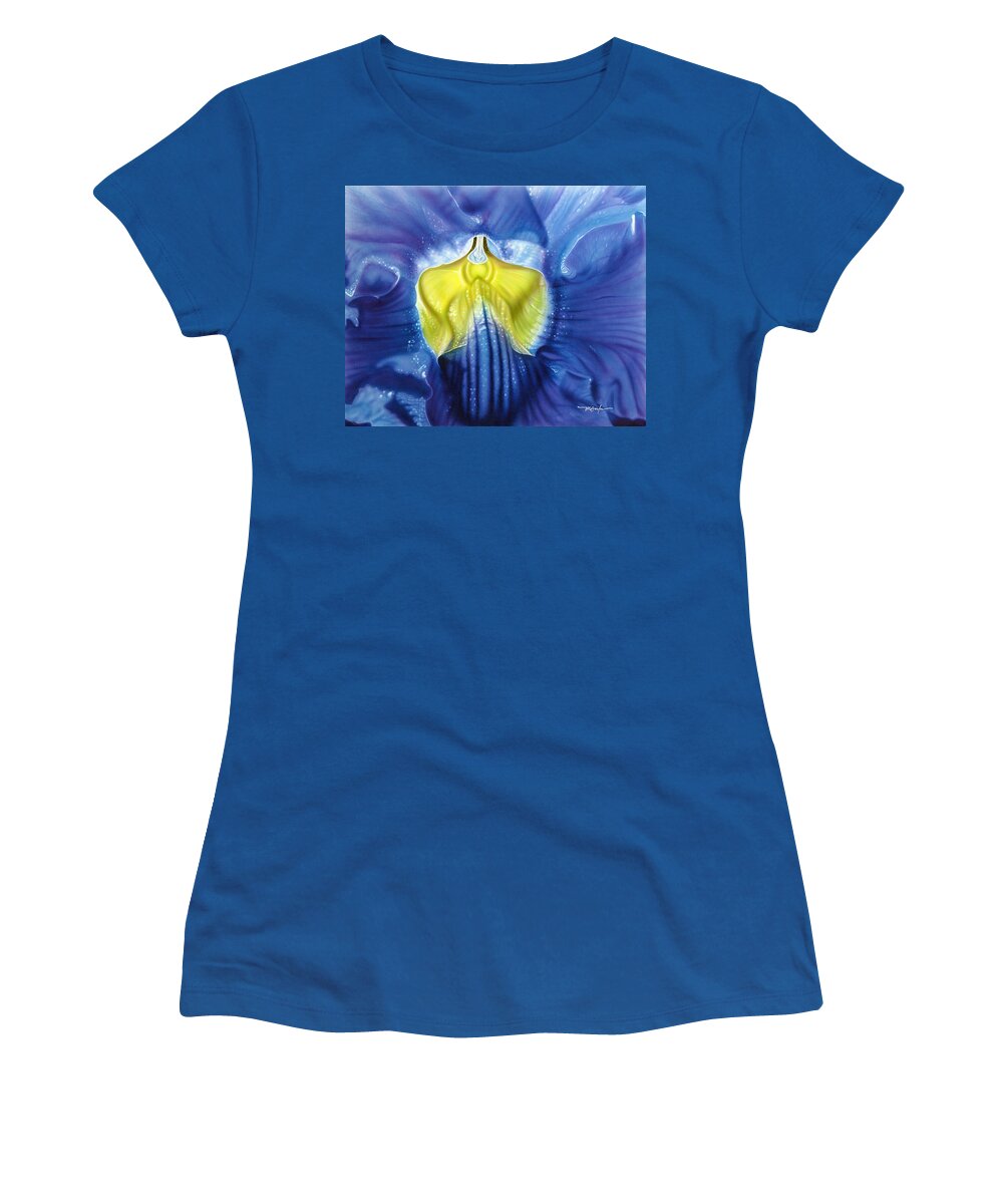 Blue And Yellow Orchids/orchids/blue/yellow/flowers Women's T-Shirt featuring the painting Yellow And Blue by Dan Menta