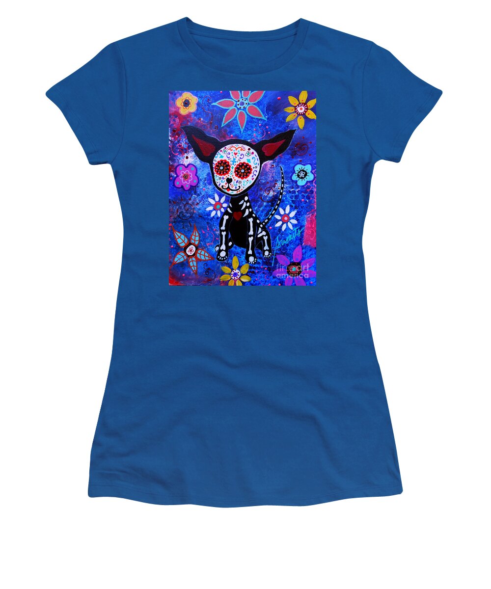 Dog Women's T-Shirt featuring the painting Chihuahua Day Of The Dead #5 by Pristine Cartera Turkus