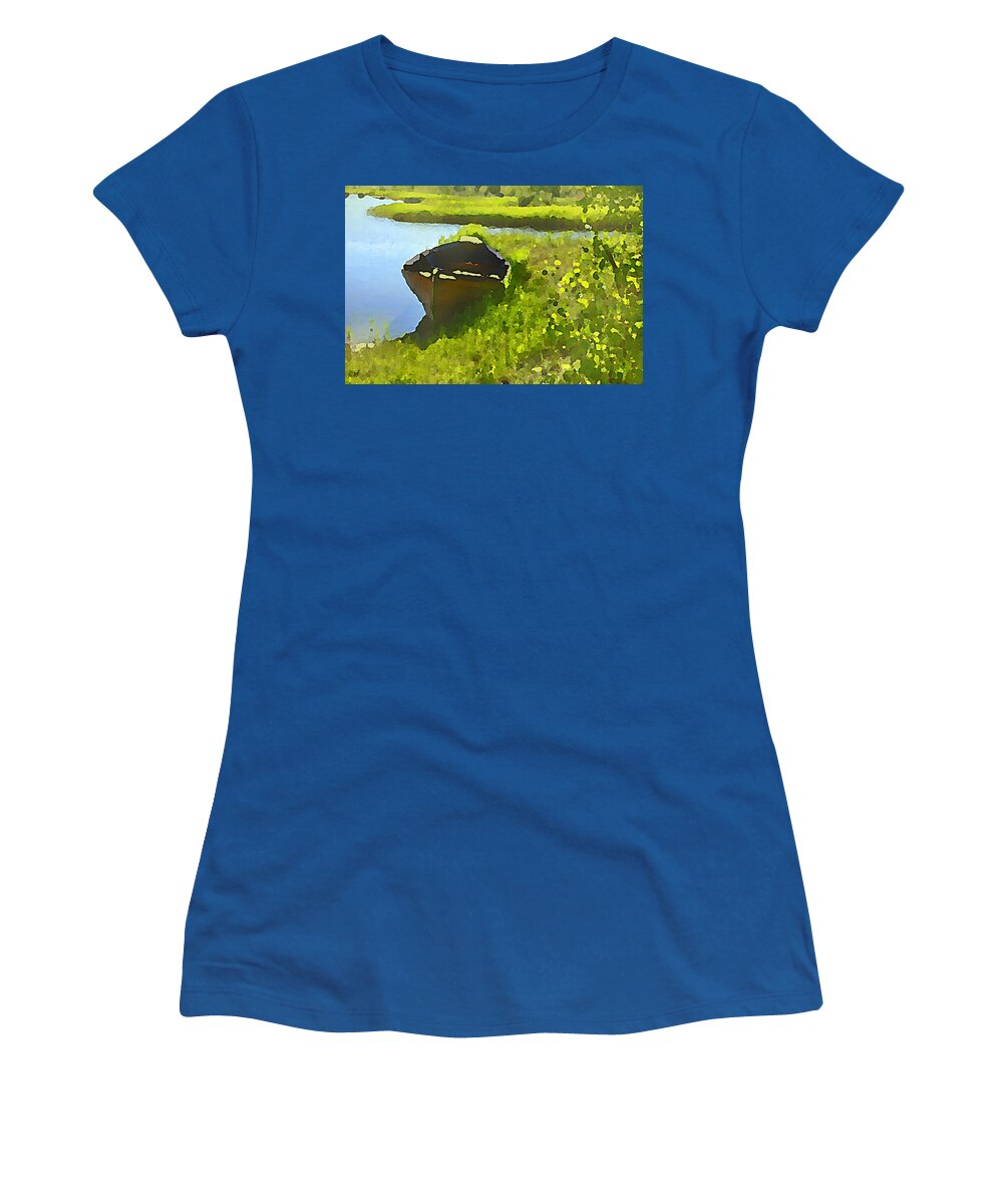 Boat Women's T-Shirt featuring the mixed media A day at the Pond by Shelli Fitzpatrick