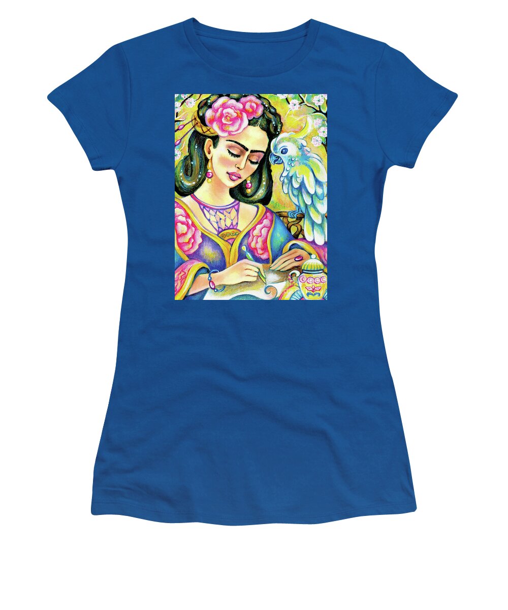 Woman And Parrot Women's T-Shirt featuring the painting A Letter to Far Away by Eva Campbell
