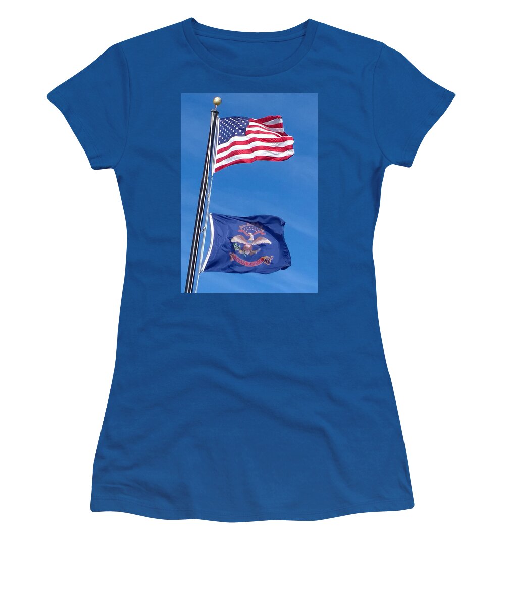 Photograph Women's T-Shirt featuring the photograph American North Dakota Flags by Delynn Addams