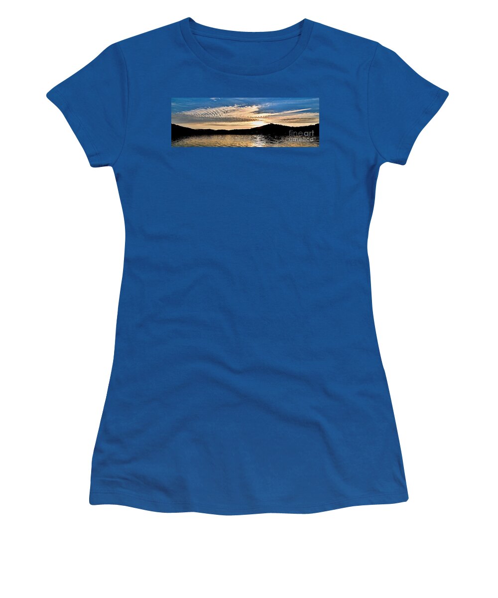 Nature Women's T-Shirt featuring the photograph Blue and White Ocean Sunrise with Water Reflections. by Geoff Childs
