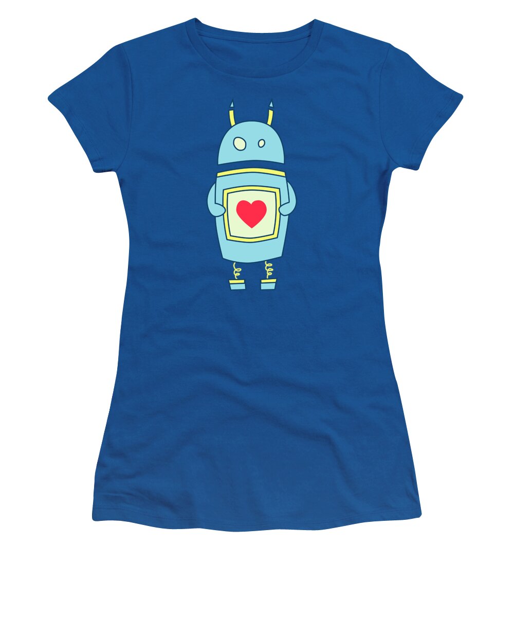 Blue Women's T-Shirt featuring the digital art Blue Cute Clumsy Robot With Heart by Boriana Giormova