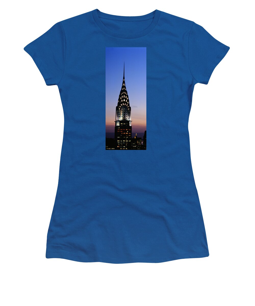 Photography Women's T-Shirt featuring the photograph Building Lit Up At Twilight, Chrysler by Panoramic Images