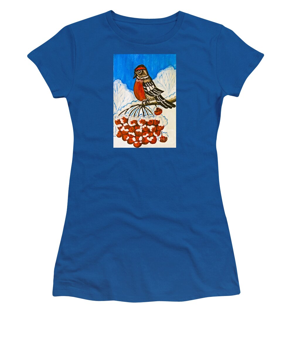 Hand Painted Women's T-Shirt featuring the painting Bullfinch on branch of ashberry tree, painting by Irina Afonskaya