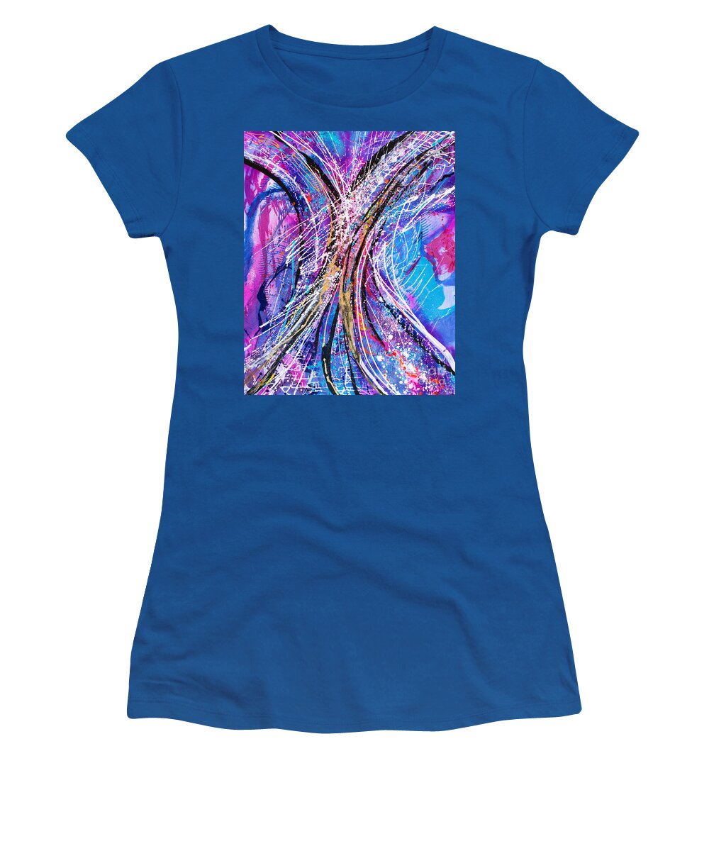 Original Contemporary Energetic Free Spirited Spontaneous Vibrant Abstract Dramatic Dynamic Women's T-Shirt featuring the painting Caboodle by Priscilla Batzell Expressionist Art Studio Gallery