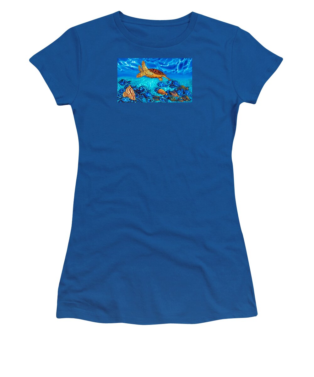Sea Turtle Women's T-Shirt featuring the painting Caribbean Sea Turtle and Reef Fish by Daniel Jean-Baptiste