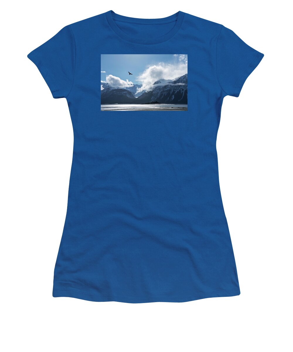 Alaska Women's T-Shirt featuring the photograph Eagle flying over the Chilkat Inlet by Michele Cornelius