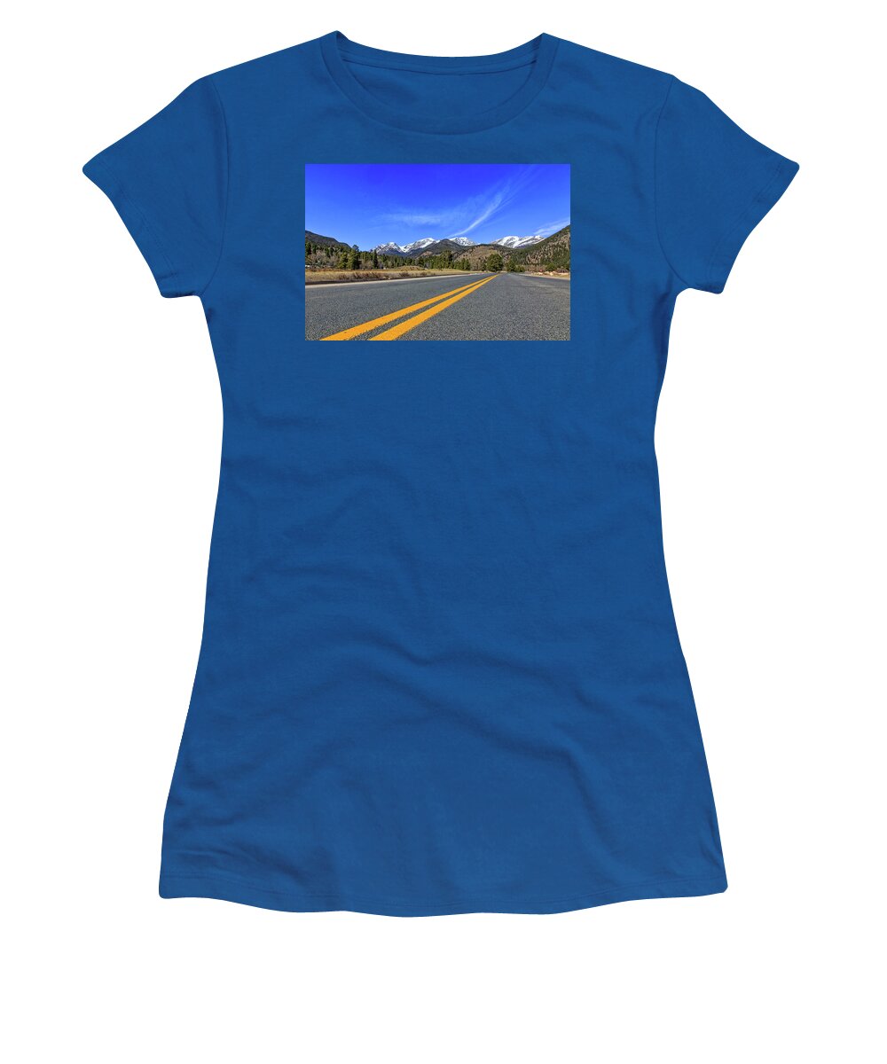  Women's T-Shirt featuring the photograph Fall River Road with Mountain Background by Peter Ciro
