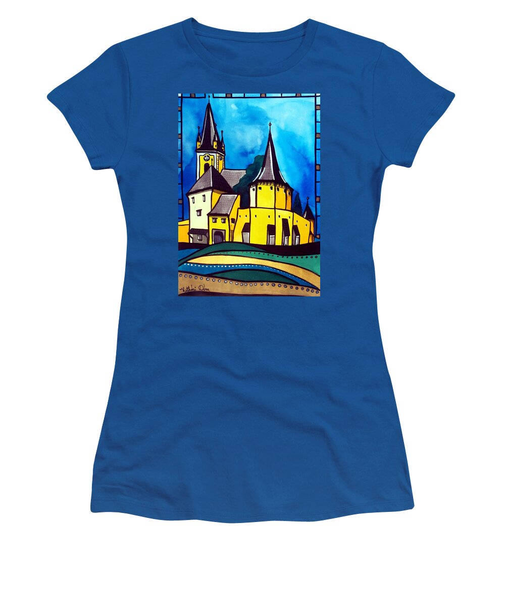 Medieval Women's T-Shirt featuring the painting Fortified Medieval Church in Transylvania by Dora Hathazi Mendes by Dora Hathazi Mendes
