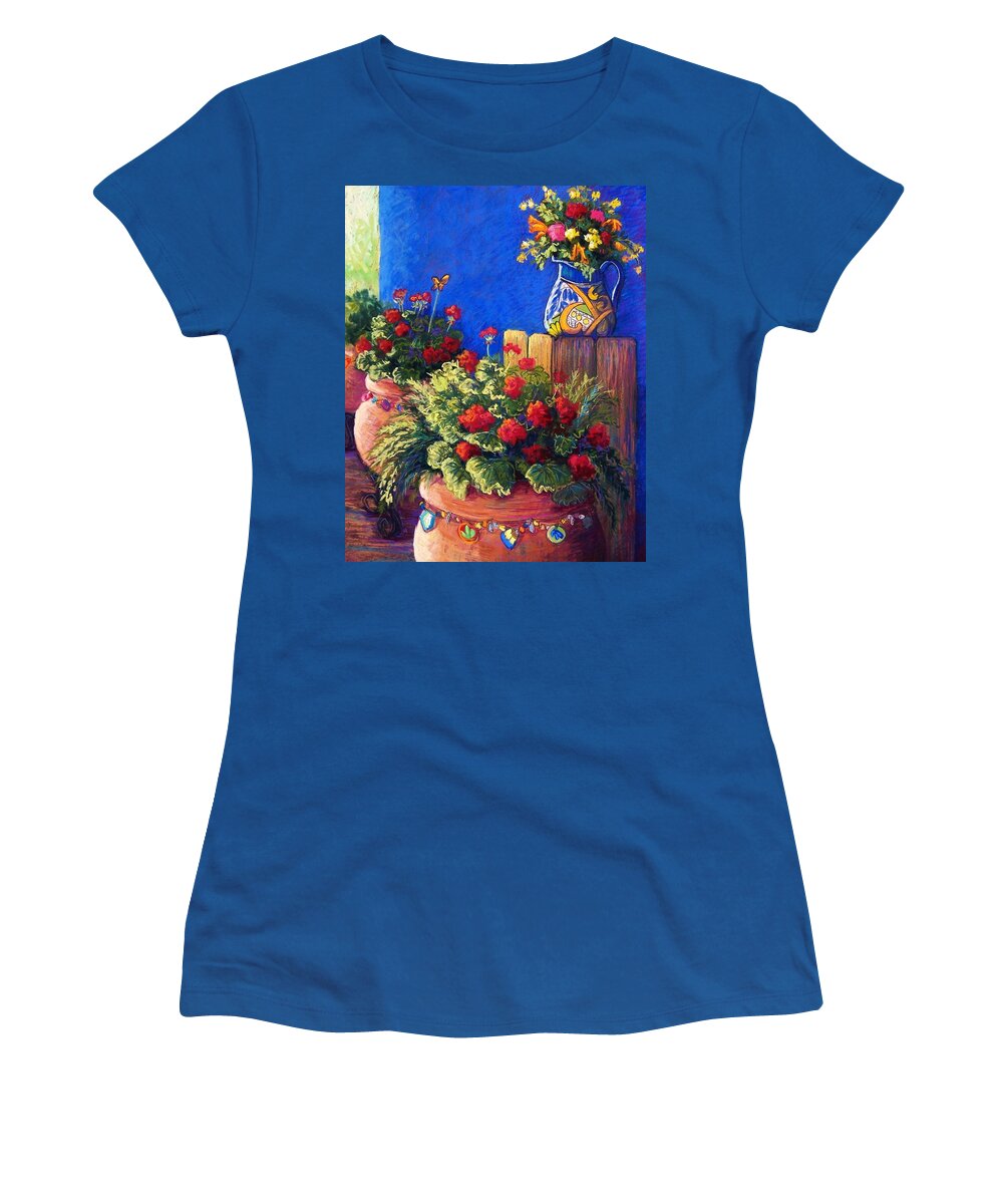 Garden Women's T-Shirt featuring the pastel Geraniums and Talavera by Candy Mayer