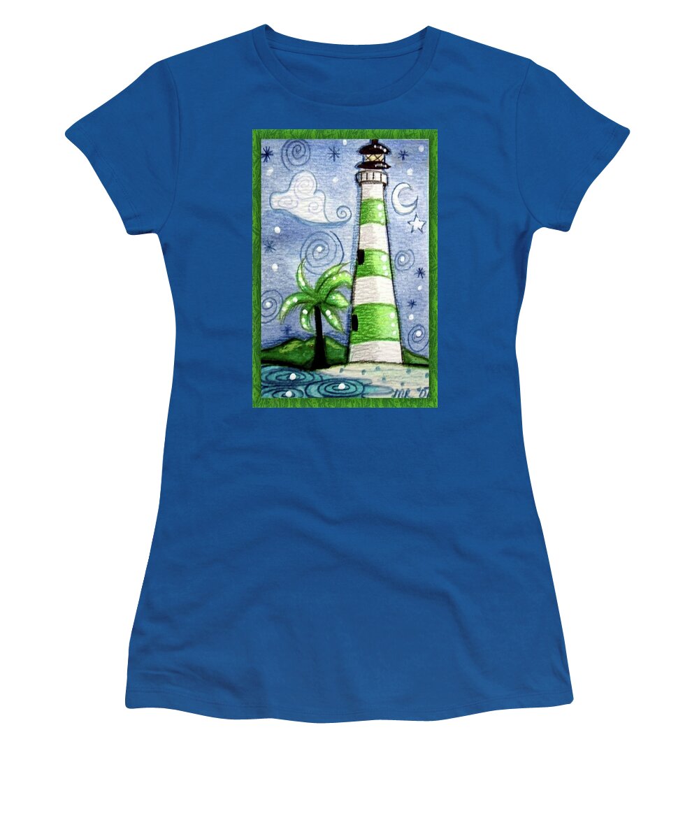 Lighthouse Women's T-Shirt featuring the painting Green and White Tropical Lighthouse by Monica Resinger