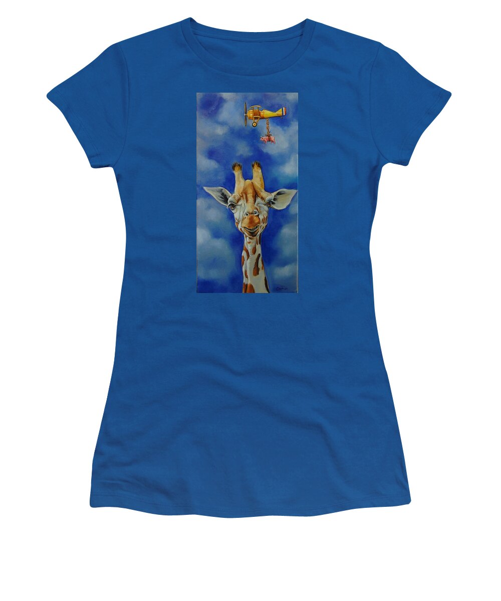 Giraffe Women's T-Shirt featuring the painting How's The Air Up There? by Jean Cormier
