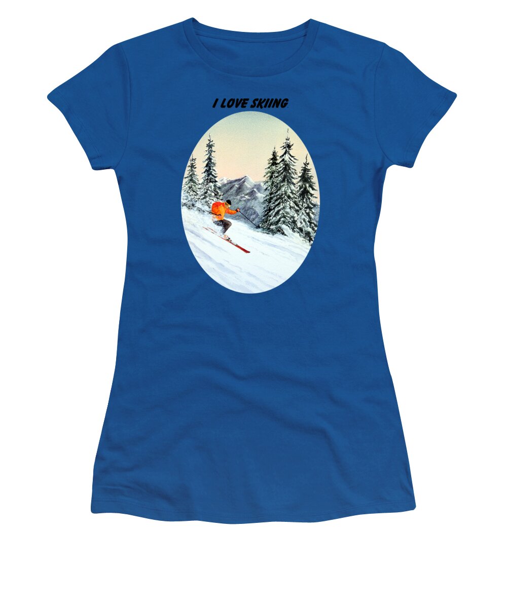I Love Skiing Women's T-Shirt featuring the painting I Love Skiing by Bill Holkham
