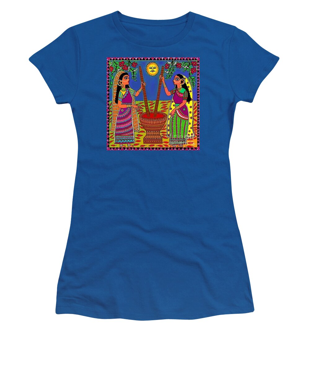 Madhubani Painting Women's T-Shirt featuring the digital art Ladies crushing Chili Peppers by Latha Gokuldas Panicker