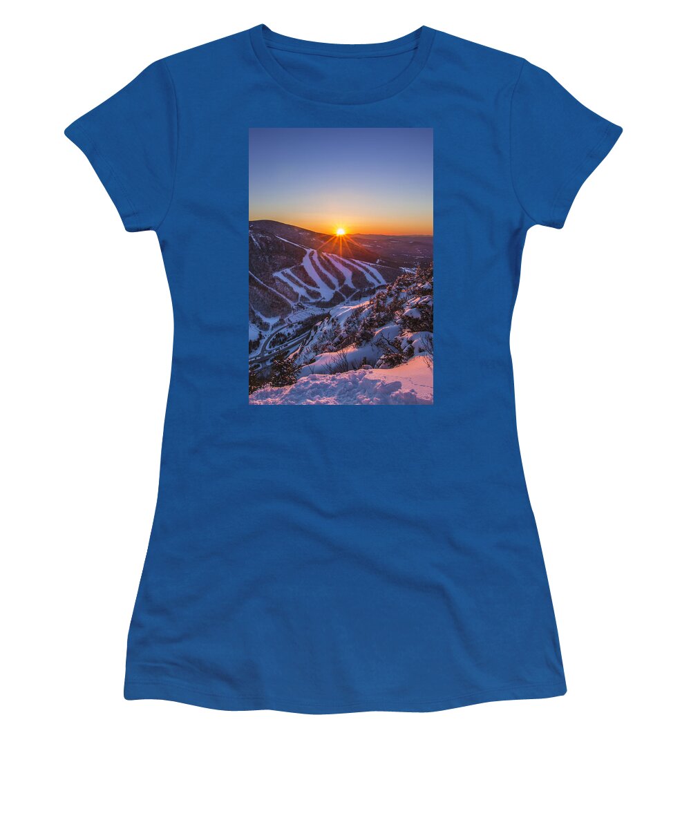 Last Winter Sunset Over Cannon Mountain Women's T-Shirt featuring the photograph Last Winter Sunset over Cannon Mountain Vertical by White Mountain Images