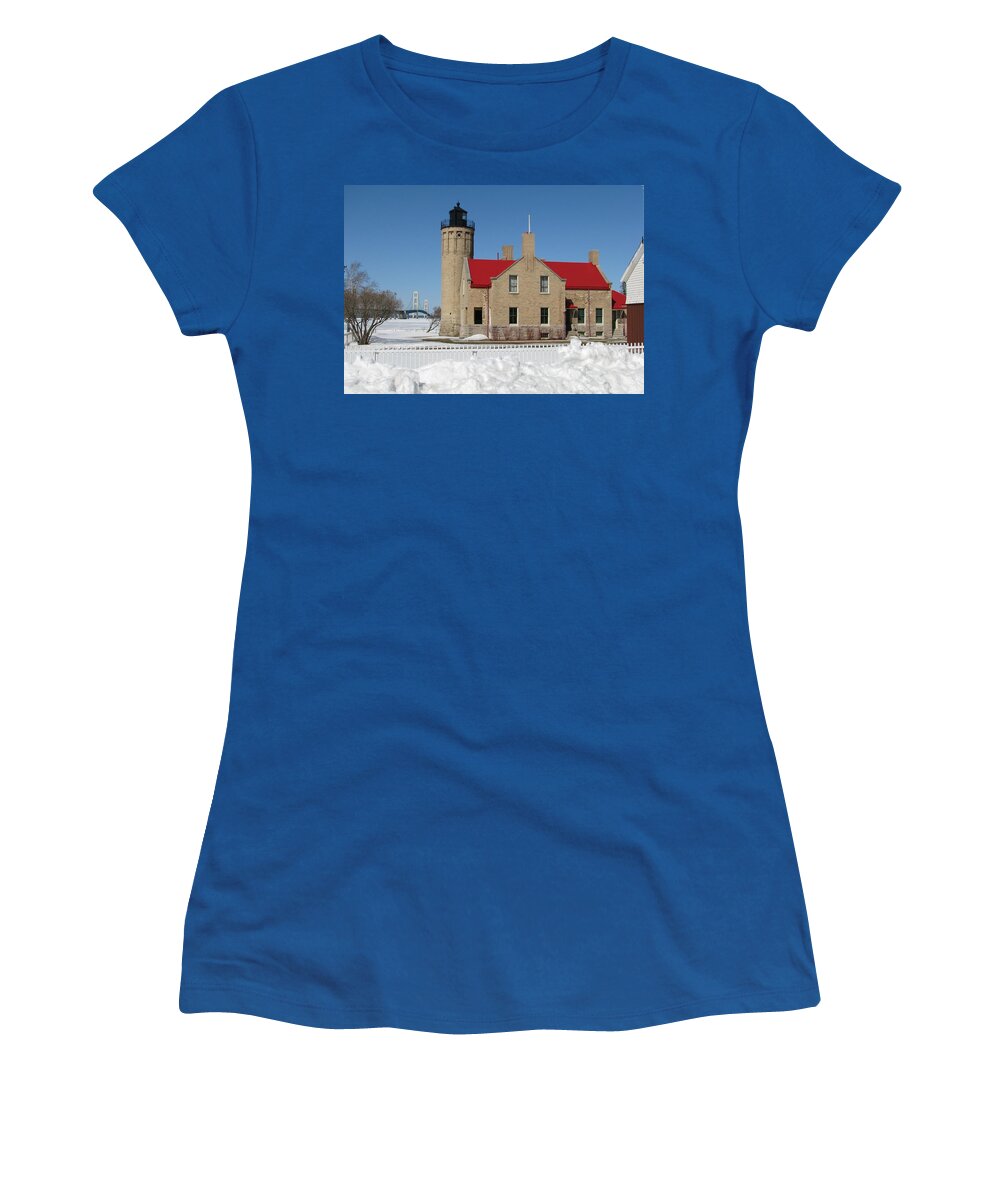 Old Mackinac Point Women's T-Shirt featuring the photograph Mackinac Bridge and Light by Keith Stokes