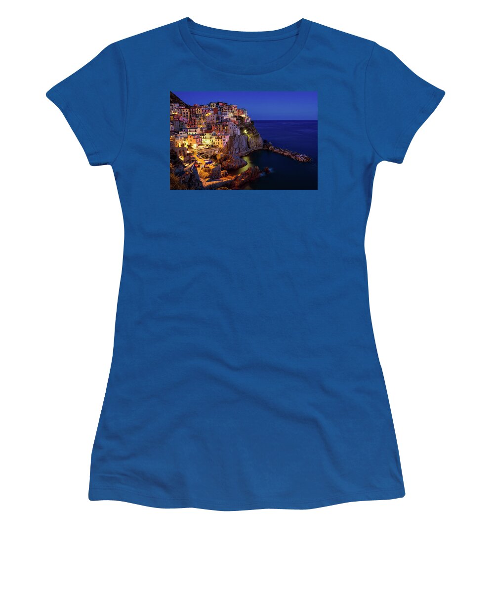Joan Carroll Women's T-Shirt featuring the photograph Manarola Cinque Terre Italy Nightfall by Joan Carroll