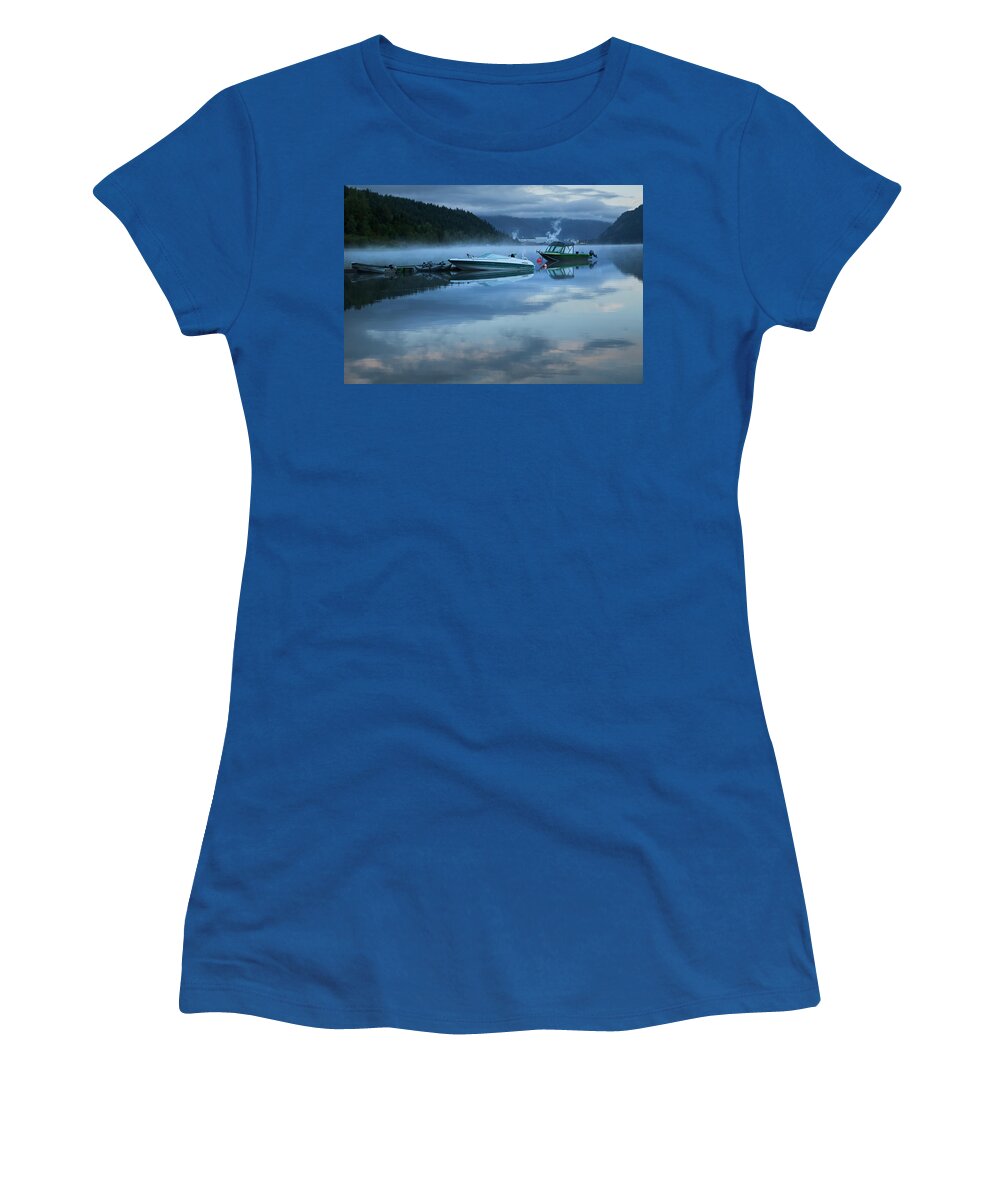 Theresa Tahara Women's T-Shirt featuring the photograph Morning Mist Adams Lake by Theresa Tahara