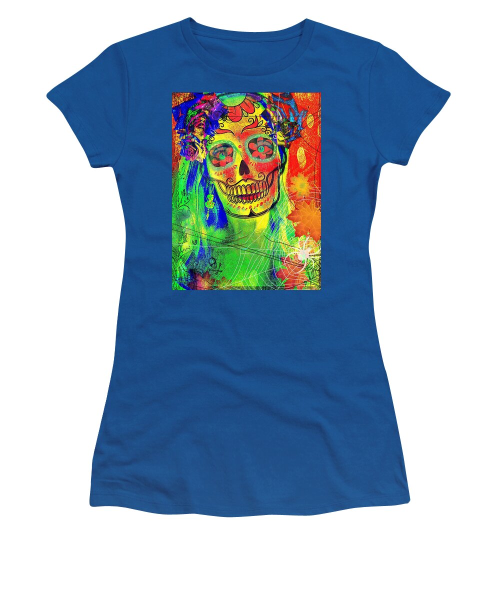 Neon Colors Skull Women's T-Shirt featuring the digital art Mujer Muerte by Pamela Smale Williams