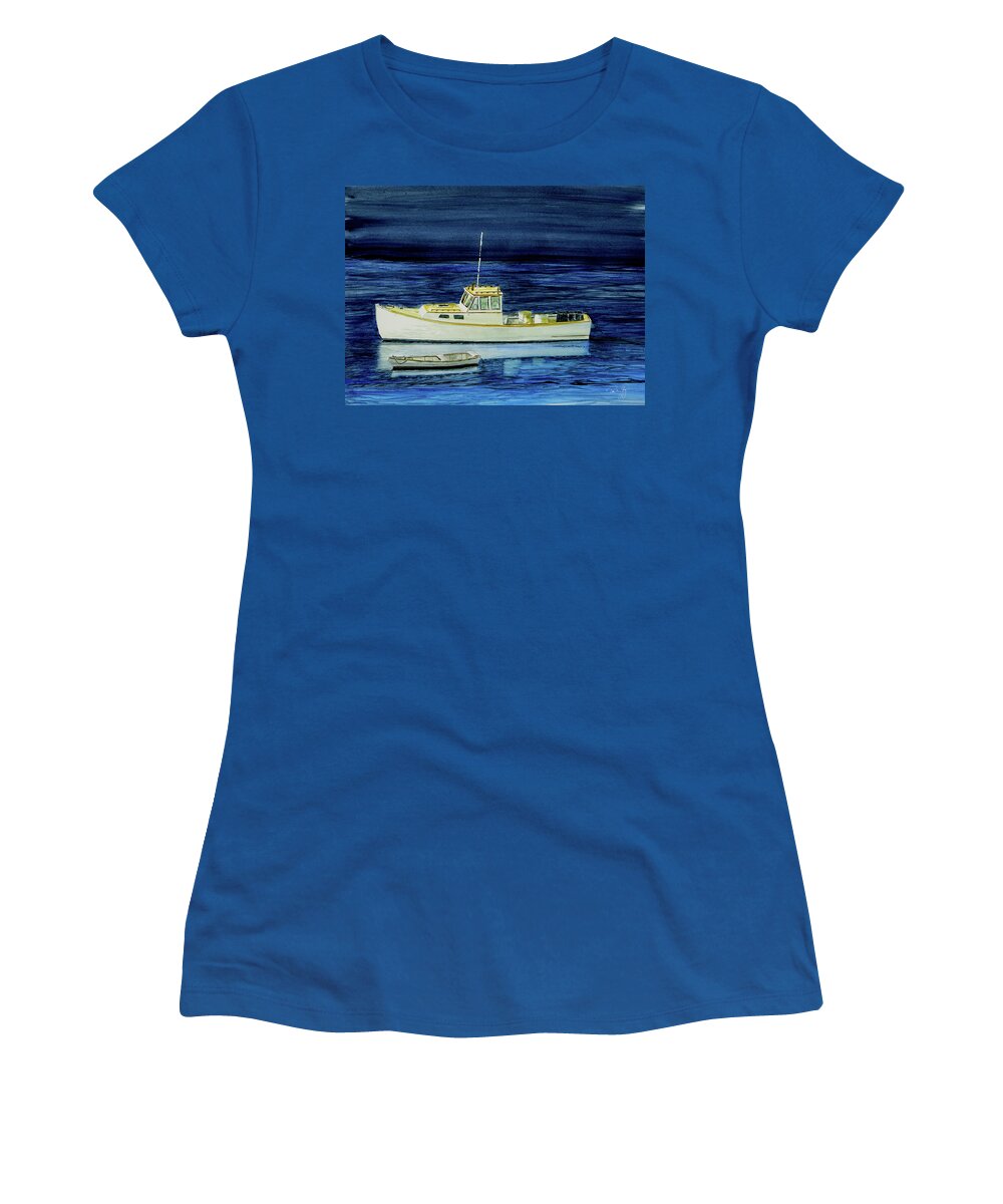 Perkins Cove Women's T-Shirt featuring the painting Perkins Cove Lobster Boat and Skiff by Paul Gaj