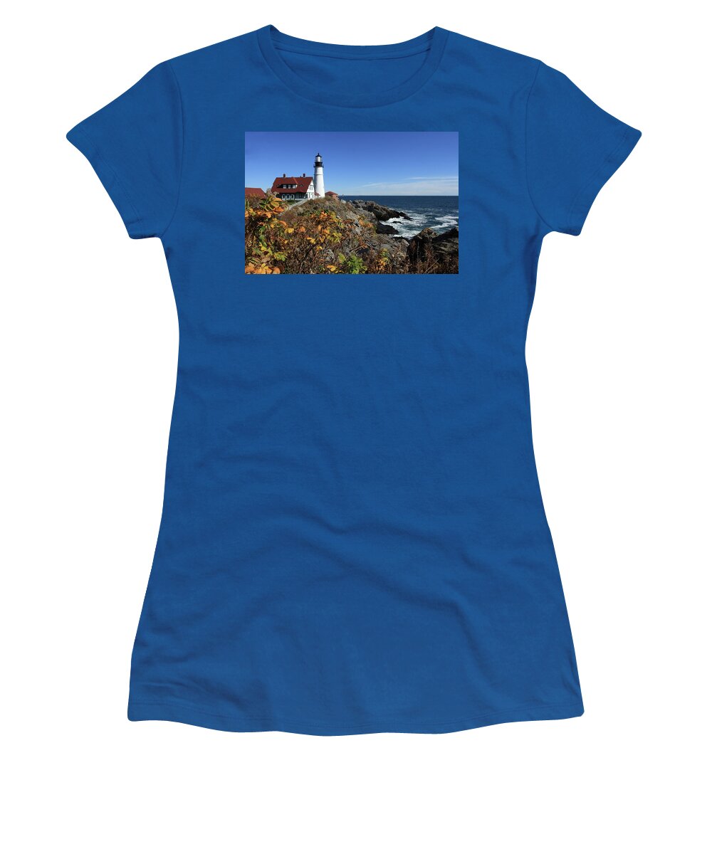 Autumn Women's T-Shirt featuring the photograph Portland Head Lighthouse in the Fall by Lou Ford