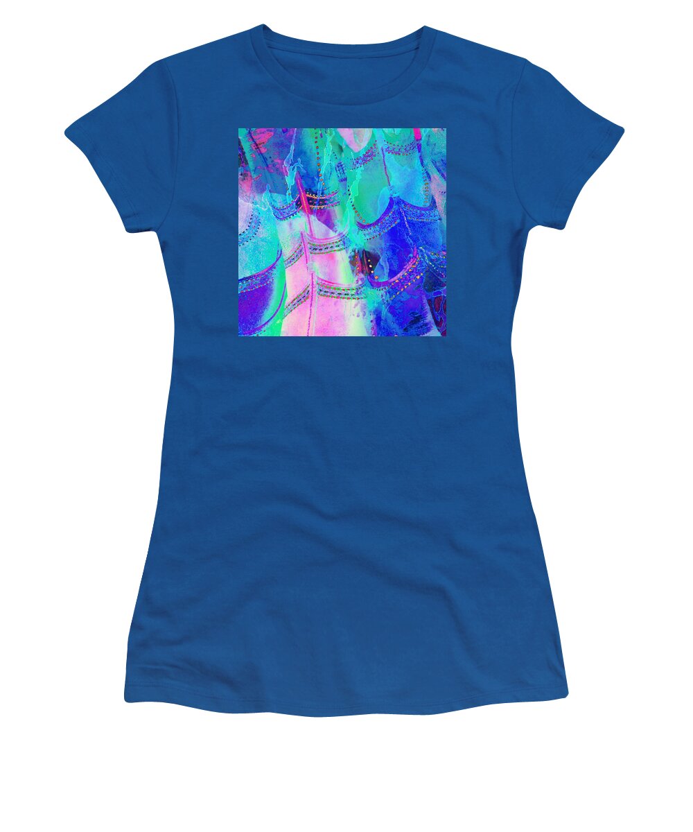 Shopping Women's T-Shirt featuring the photograph Psychedelic Blue Shoes Shopping is Fun Abstract Square 4f by Sue Jacobi